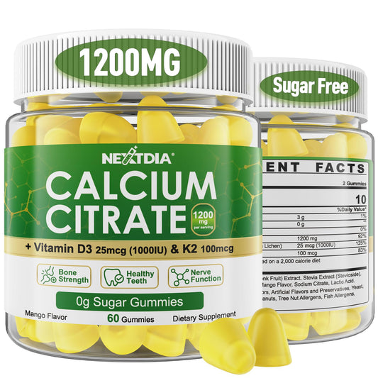 Nextdia Calcium Citrate Gummies bottle-front showcasing mango flavor and high potency.