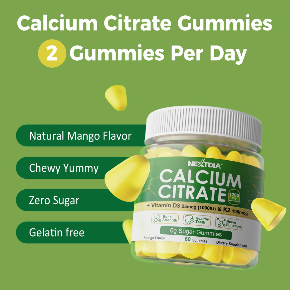 Nextdia Calcium Citrate Gummies sugar-free mango bottle for health-conscious snacking.