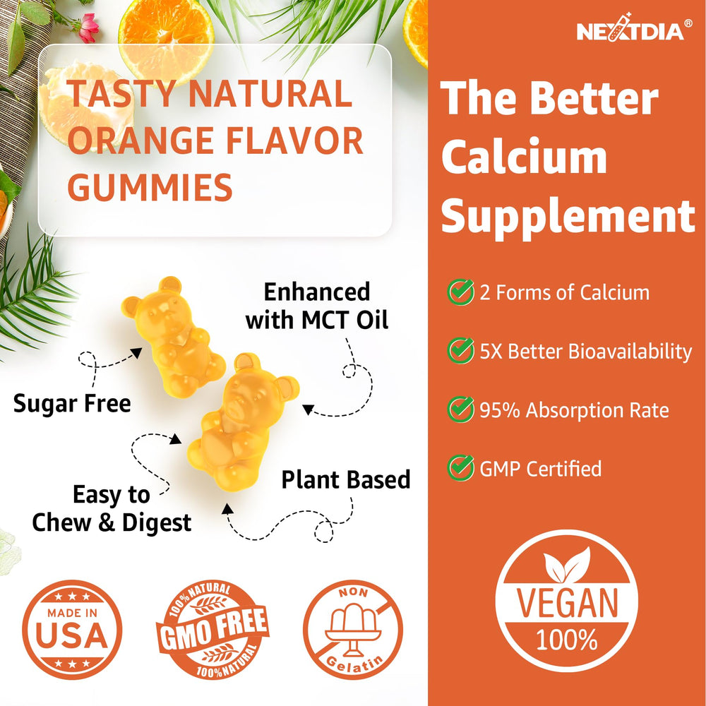 Nextdia calcium gummies on-the-go packaging, easy daily wellness chews.