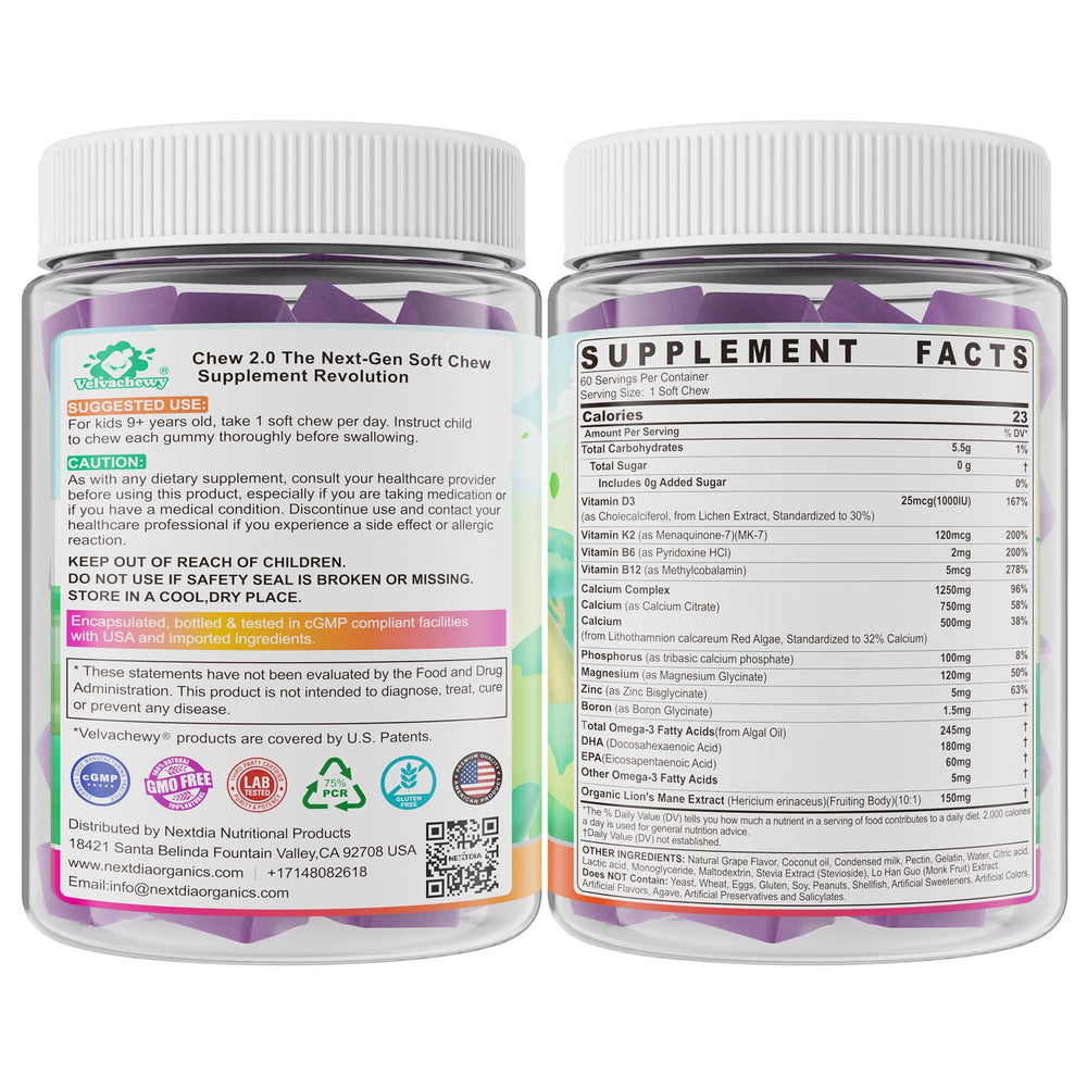 Nextdia Child-friendly calcium supplement with grape flavor for picky eaters.