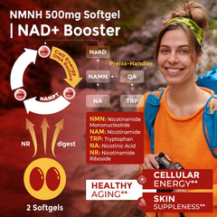 Nextdia NMNH energy-boost softgels on a bright countertop.