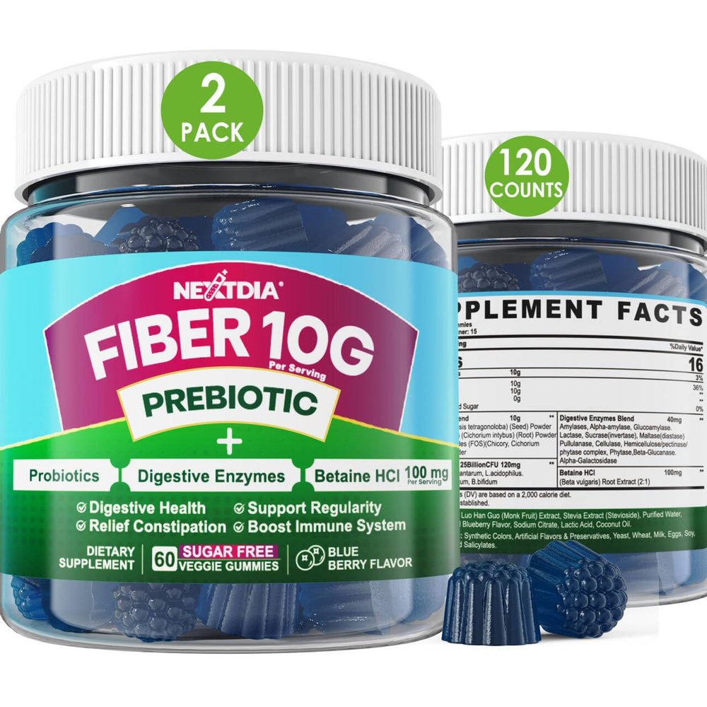 Nextdia Fiber Gummies blueberry bottle showing a sugar-free daily gut support option