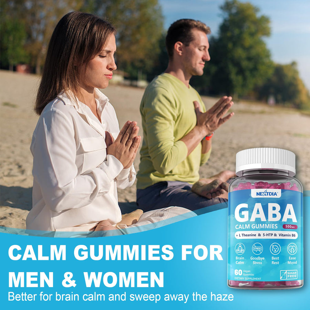 Nextdia GABA Gummies vegan packaging emphasizing plant-based calm option.