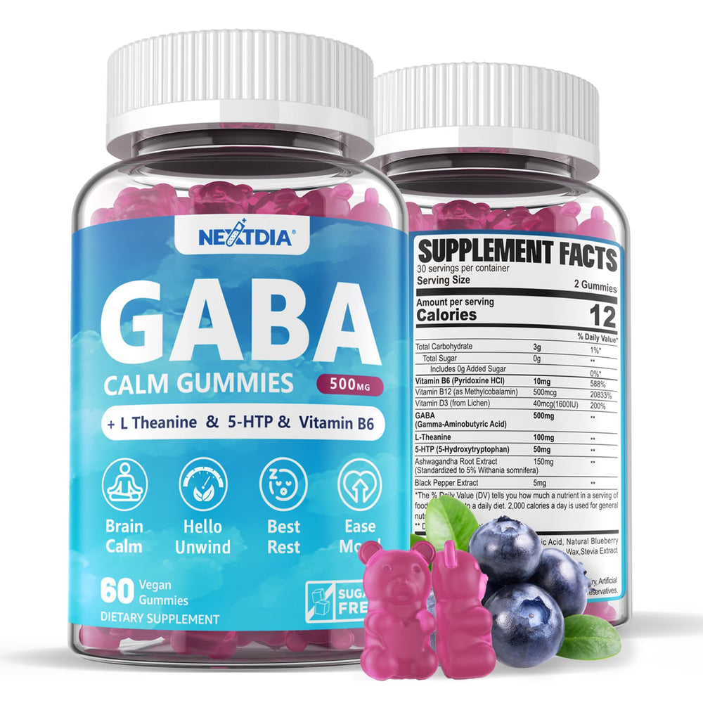 Nextdia GABA Gummies bottle label highlights sugar-free calm support.