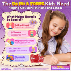 Nextdia Happy Saffron Gummies for Kids label highlights magnesium, saffron, and probiotics