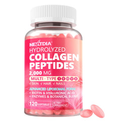 Nextdia hydrolyzed collagen pills bottle showing daily capsules for inner beauty and absorption