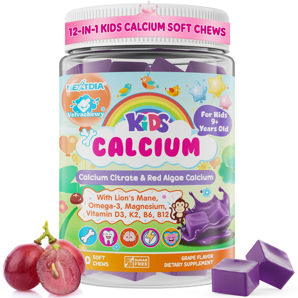 Nextdia Kids Calcium Soft Chews provide grape flavor for growing bones and teeth.