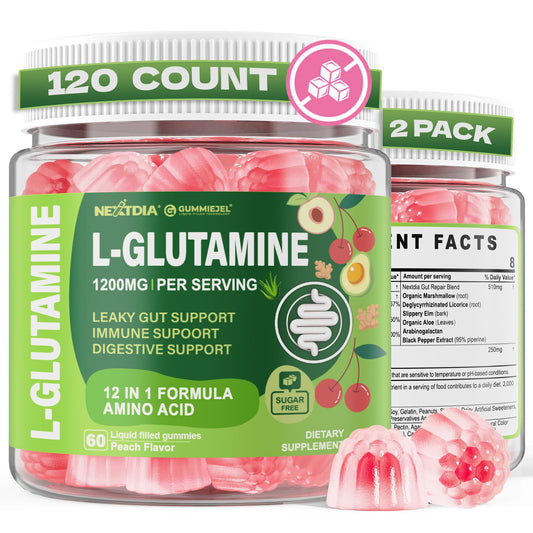 Nextdia L-Glutamine 1200mg gummies bottle showing gut support benefits.