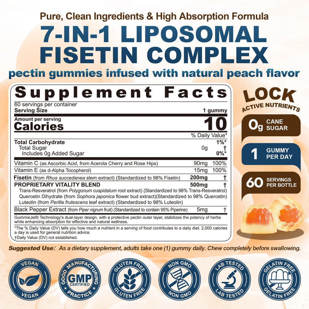 Nextdia liposomal fisetin gummies close-up showing peach flavor and soft texture