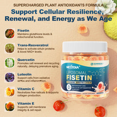 Nextdia liposomal fisetin gummies ingredients panel with resveratrol and quercetin for antioxidant support