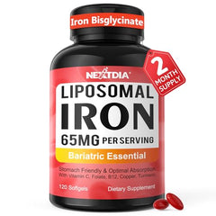 Nextdia liposomal iron softgels bottle ready for bariatric support and daily iron management
