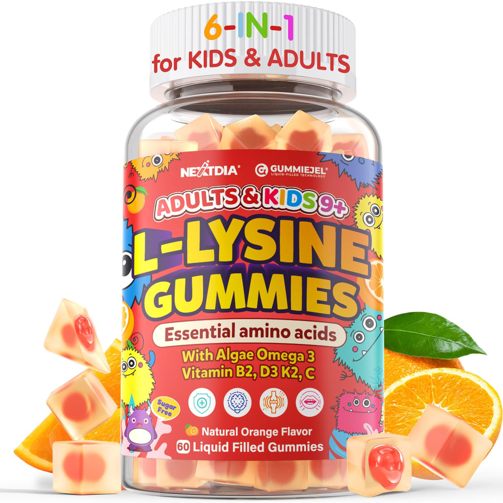 Nextdia L-Lysine gummies bottle with omega-3 for daily immune support.