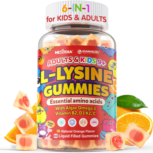 Nextdia L-Lysine gummies bottle with omega-3 for daily immune support.