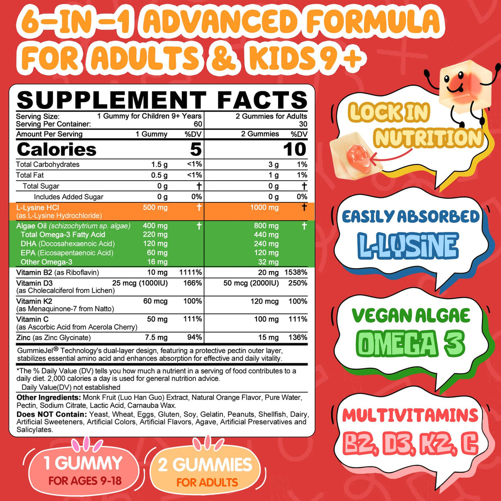 Nextdia L-Lysine gummies for kids 9 plus, bright packaging.