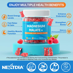 Nextdia Magnesium Malate Gummies ingredient panel with CoQ10 and B vitamins