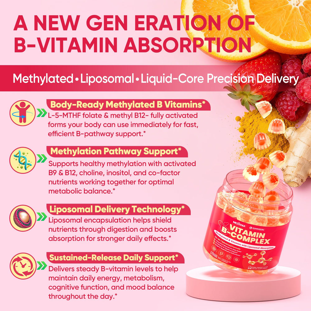 Nextdia Methylated B Complex gummies packaging shows sugar-free formulation.