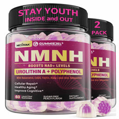 Nextdia NMNH gummies bottle front highlights peach flavor and NAD+ support.