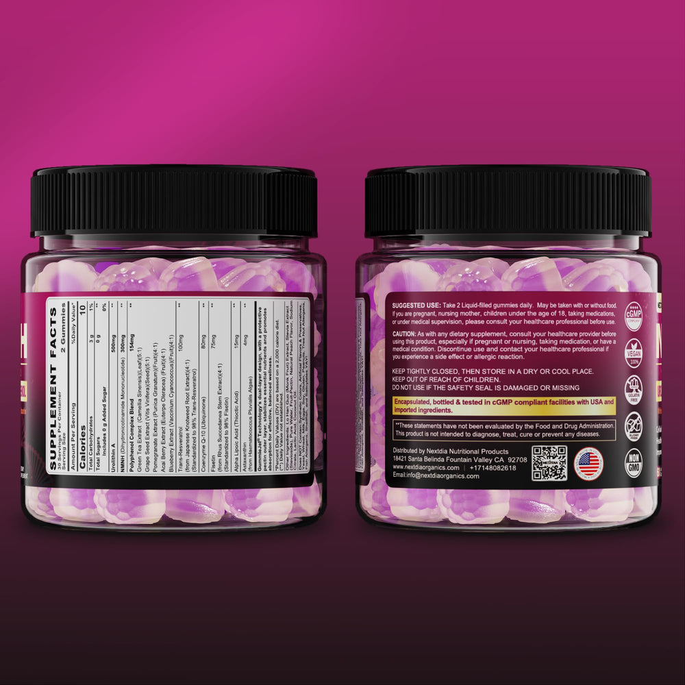 Nextdia NMNH gummies box shot for compact travel packaging