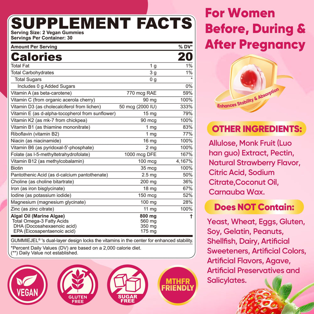 Nextdia Prenatal Gummies bottle back label detailing the 20-in-1 formula benefits.