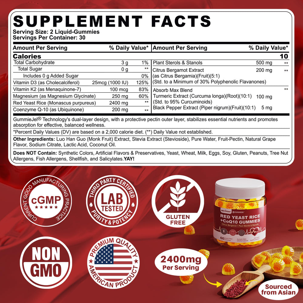 Nextdia red yeast rice gummies close-up, vibrant grape flavor with liquid core delivery.
