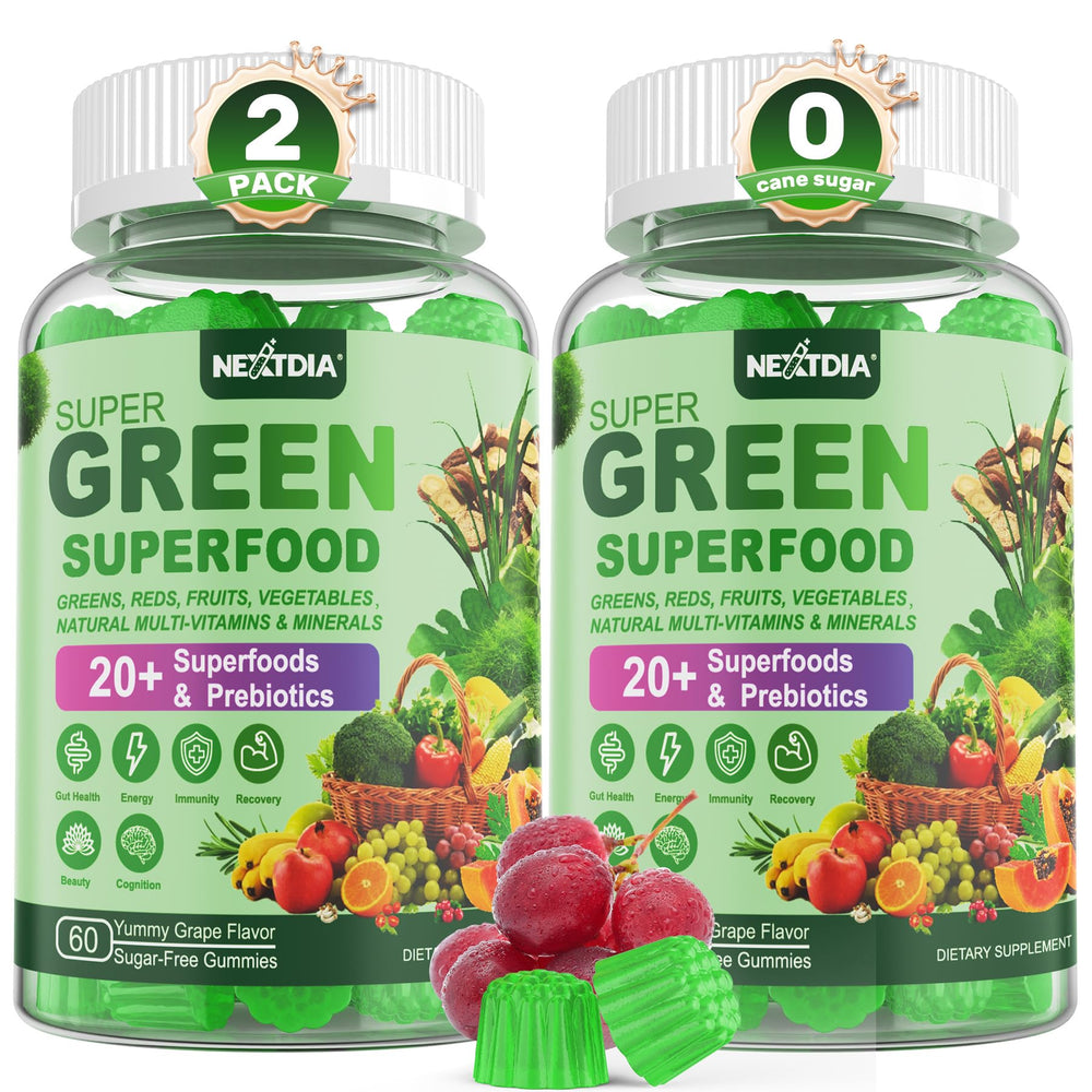 Nextdia Super Greens bottle front with grape flavor and nutrition