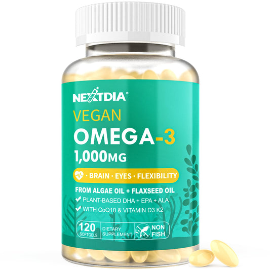 Nextdia vegan omega3 1000mg algae oil bottle for brain and heart health support.