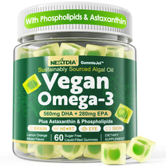 Nextdia vegan omega-3 gummies packaging highlights sugar-free, fish-free omega-3 formula.