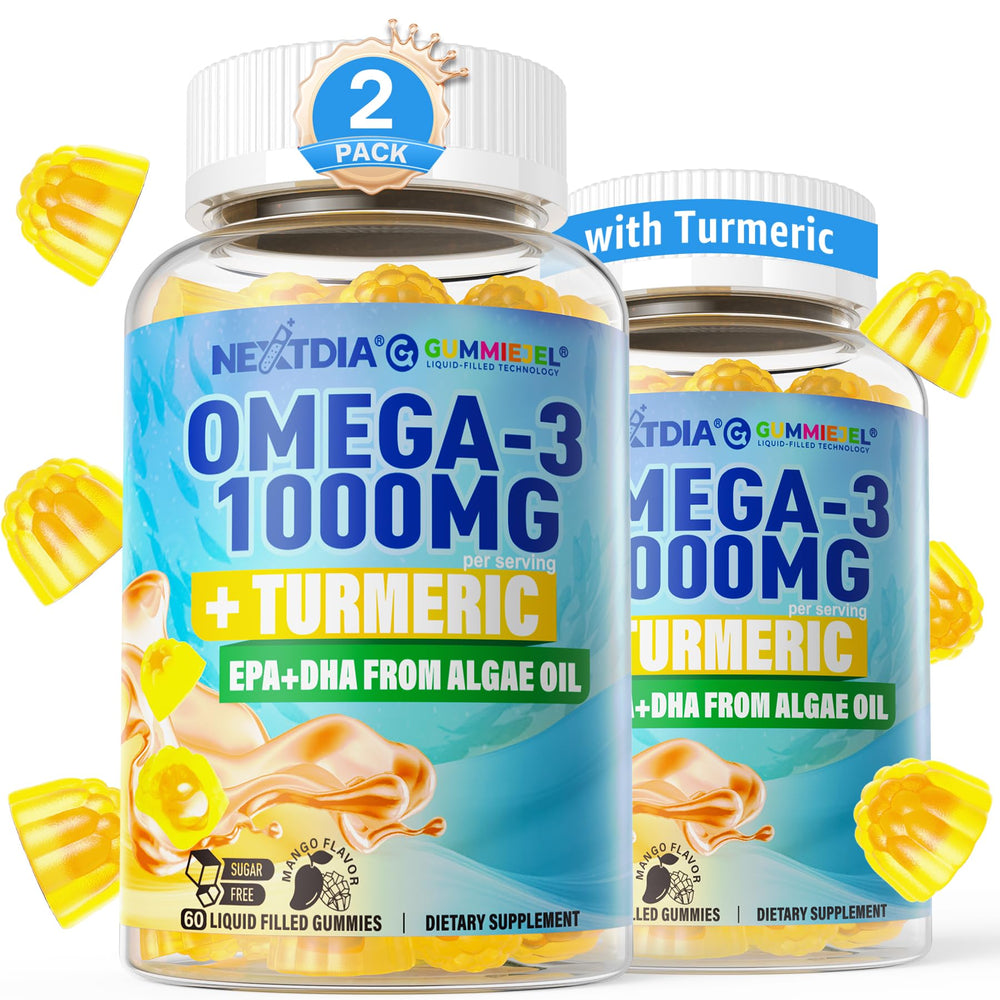 Nextdia vegan omega-3 gummies bottle with turmeric for daily comfort.
