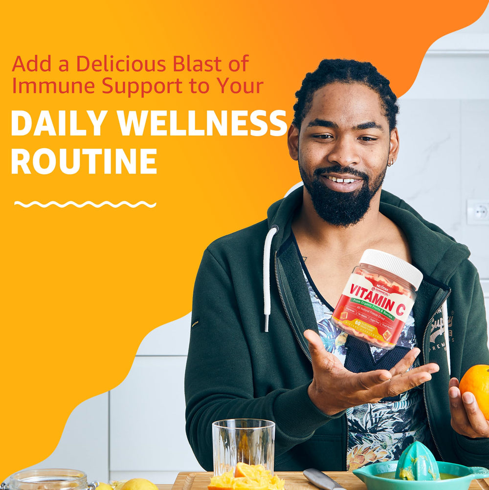 Nextdia vitamin C gummies pouring from bottle for daily routine.