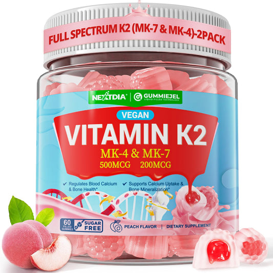 Nextdia Vitamin K2 Gummies front view with peach flavor for daily calcium support