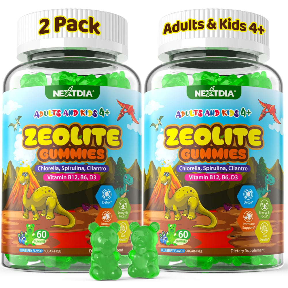 Nextdia Zeolite Detox Gummies bottle front, convenient family-friendly detox support