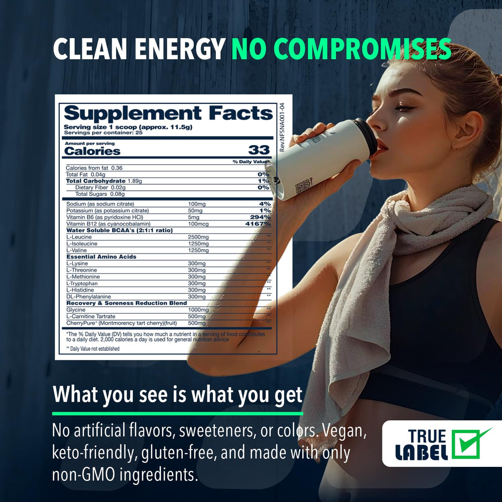 NF Sports Natural Amino recovery illustration suggests possible soreness support after intense sessions.