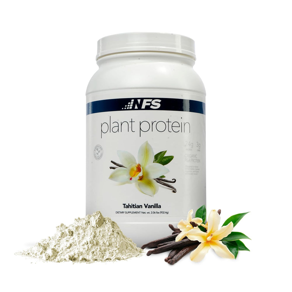 NF Sports organic plant-based protein tahitian vanilla canister, showcasing packaging and label details.