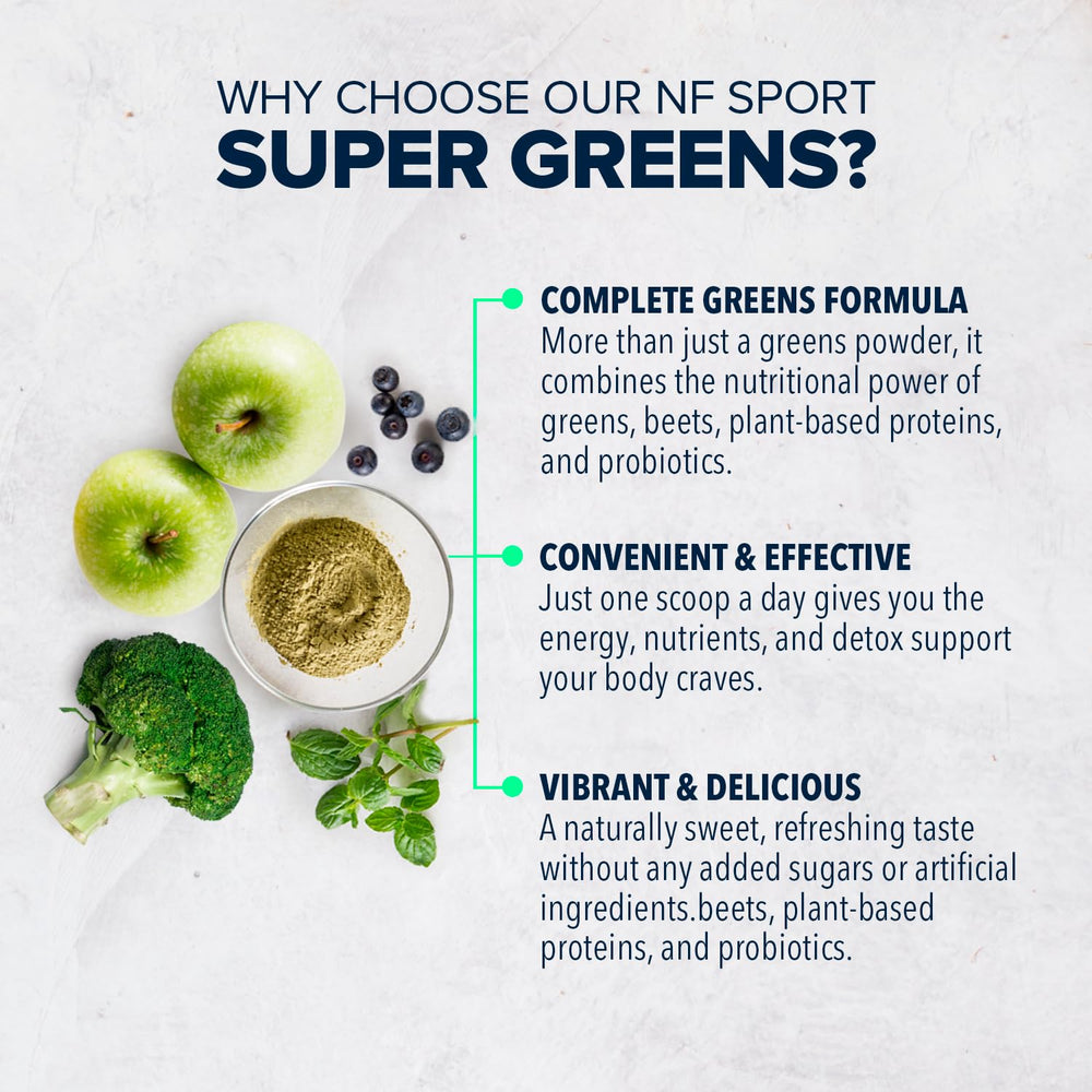 NF Sports Super Greens green apple flavor smoothie glass highlights refreshing tastes