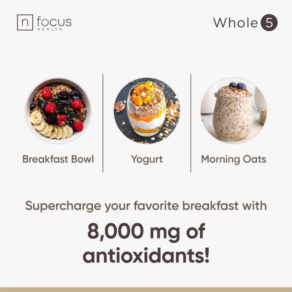 NFOCUS HEALTH Whole5 cacao powder dust hints chocolatey versatility.