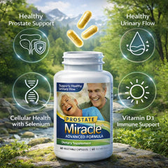 Close-up of NHS Global Prostate Miracle capsules, vegetarian and easy to swallow for daily support