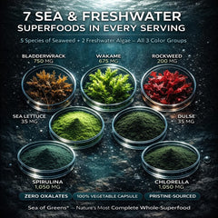 NHS Global Sea of Greens nutrition label highlights oxalate-free formulation.