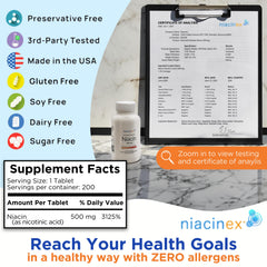 Niacinex time-release encapsulation illustrates 6-8 hour delivery.