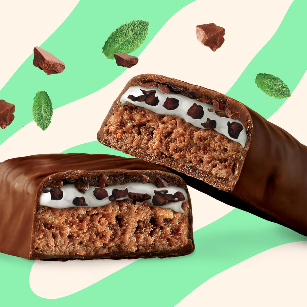 N!CK'S Mint Chocolate bar beside workout gear suggests post-workout recovery option