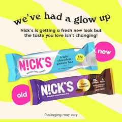 Nick’s Protein Bars Triple Chocolate bar bite highlights soft center and bold taste.