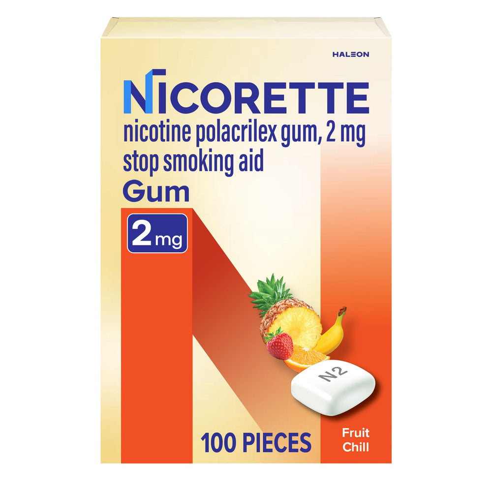Nicorette Fruit Chill gum pack front showing 100 count box for quit smoking support