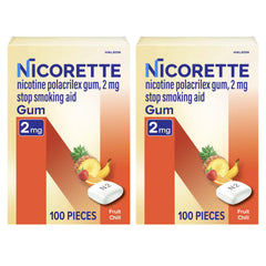 Nicorette Fruit Chill gum pack front with 200 pieces for cravings relief.