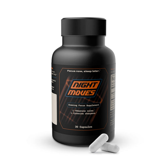 Night Moves Evening Focus bottle on desk for late-night productivity