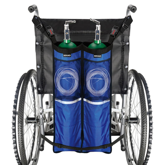 NIHAO dual oxygen tank holder on a wheelchair showing secure carry solution