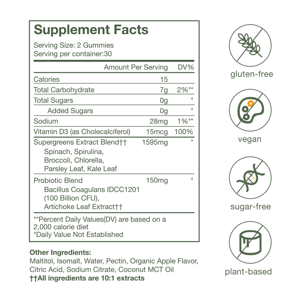 nika aiko Greens Gummies apple flavor close-up invites tasting without sugar guilt