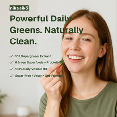 nika aiko Greens Gummies ingredients feature spinach kale spirulina for vibrant greens