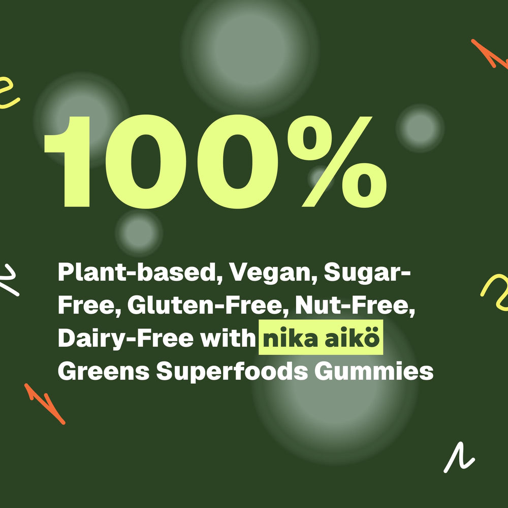 nika aiko Greens Gummies probiotic blend label highlights 100 Billion CFU support