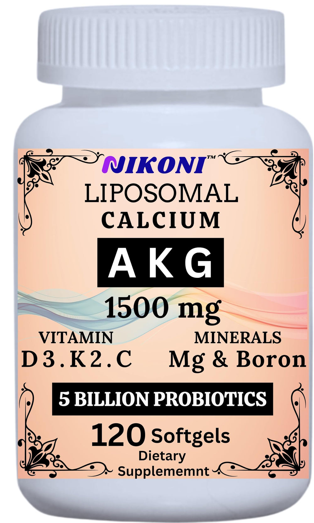 Nikoni Liposomal Calcium AKG 1500mg bottle front supports daily nutrient delivery