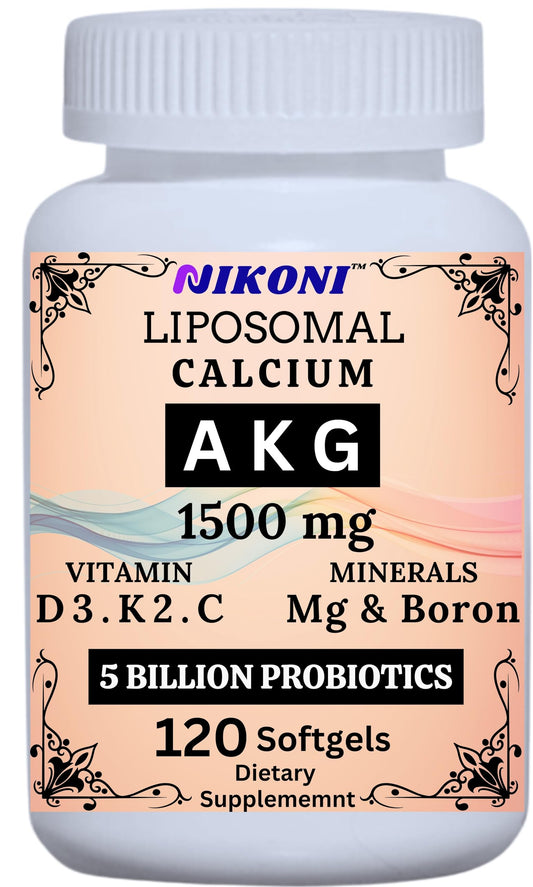 Nikoni Liposomal Calcium AKG 1500mg bottle front supports daily nutrient delivery