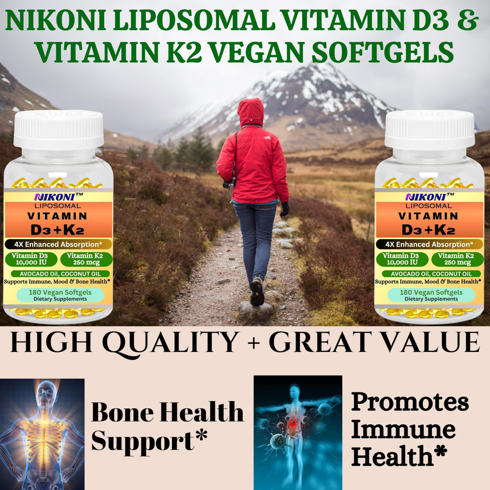 Nikoni liposomal D3 K2 nutrition label showing non GMO and gluten free features.